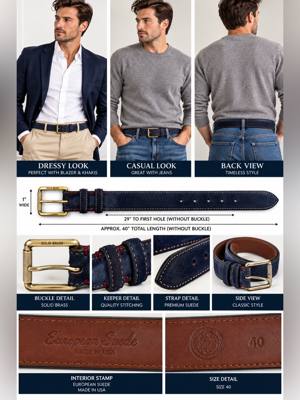 Torino Suede Men’s Navy Blue Suede Leather Belt Size 40 Made in USA Solid Brass